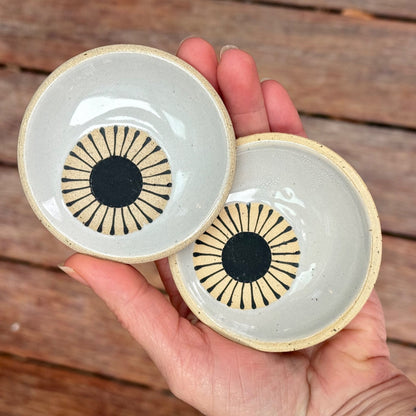 Set of 2 small dishes, black sun/ grey glaze